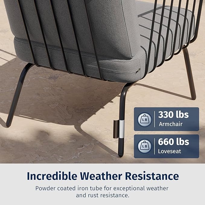 East Oak 4-Piece Plaza Patio Furniture Set, Outdoor Furniture for Balcony, Poolside, and Yard, with Thick Cushion Sofa and Coffee Table, Modern Patio Conversation Set, Black & Grey