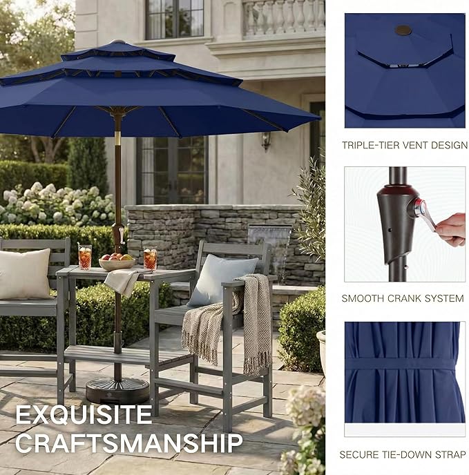 Kingdura 9ft 3-Tier Patio Umbrella, Outdoor Table Umbrella with Easy Crank & Tilt, 8 Reinforced Ribs, UV Protection for Deck, Pool, Market, Backyard (Navy blue)