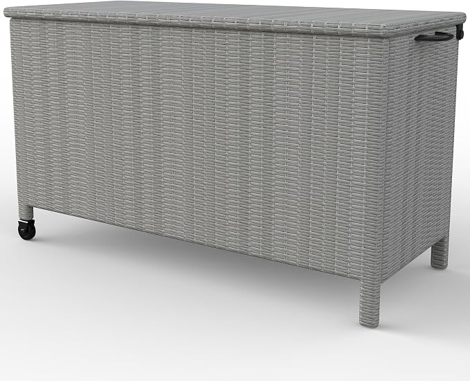 120 Gallon Waterproof Outdoor Wicker Deck Box, Large PE Rattan Storage Chest with Lockable Lid & Gas Strut, All-Weather Patio Storage Bench for Cushions Garden Tools, Grey