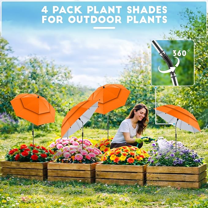 4 Pack 24.9" Double Canopy 47.2" Height Plant Umbrellas for Outdoor Plants, 3D Stakes 360° Adjustable Plant Shades for Outdoor Plants, Garden