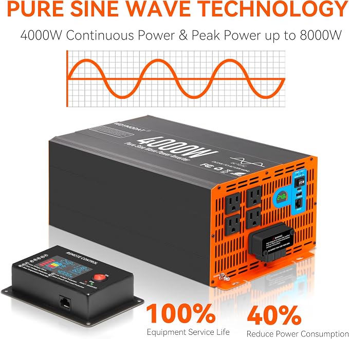 4000W Pure Sine Wave Inverter,24V DC to 120V AC Car Power Inverter 8000W Peak with 4 AC Outlets, 3.0A USB and Type-C, LCD Display 16.5 ft Remote Control for RV Truck Travel Solar Emergency