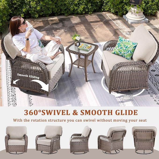 8 PCS Patio Furniture Set Outdoor Sectional Sofa Couch with Rocking Swivel Chairs 5" Deep Seat Chairs, Modern Wicker Rattan Conversation Set, Beige/Brown Wicker