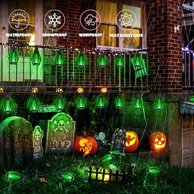 iBaycon 42FT 15 LED Solar Flame Halloween String Lights Outdoor, Green | Ultra-Real Flickering Flame Lamp Outdoor Waterproof, Solar Patio String Lights for Garden Yard Lawn Halloween Decorations