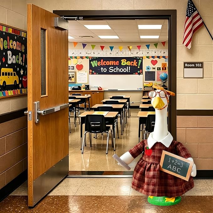 Back to School Porch Goose Outfit – Teacher Costume Set with Ruler Headpiece, Glasses, Plaid Skirt, Exam Papers & Chalkboard Prop for 23'' H Plastic/Cement Statues, Classroom Yard Garden Decor