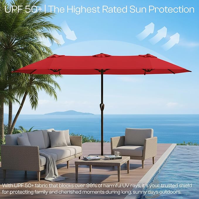 15FT Large Patio Umbrella with Base, Double Sided Rectangular Outdoor Umbrella with Sturdy Fiberglass Ribs, UPF 50+ Sun Protection, Wind-Resistant, Waterproof Fade-Resistant Fabric for Pool, Garden, Backyard, Deck(Red)