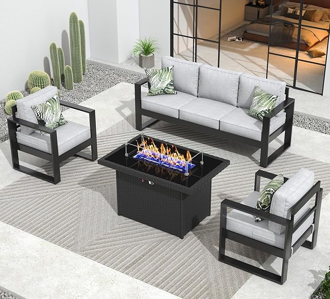 Outdoor Aluminum Furniture Set with Fire Pit Table - 4 Pieces Modern Patio Conversation Sets Metal Sectional Sofa Set
