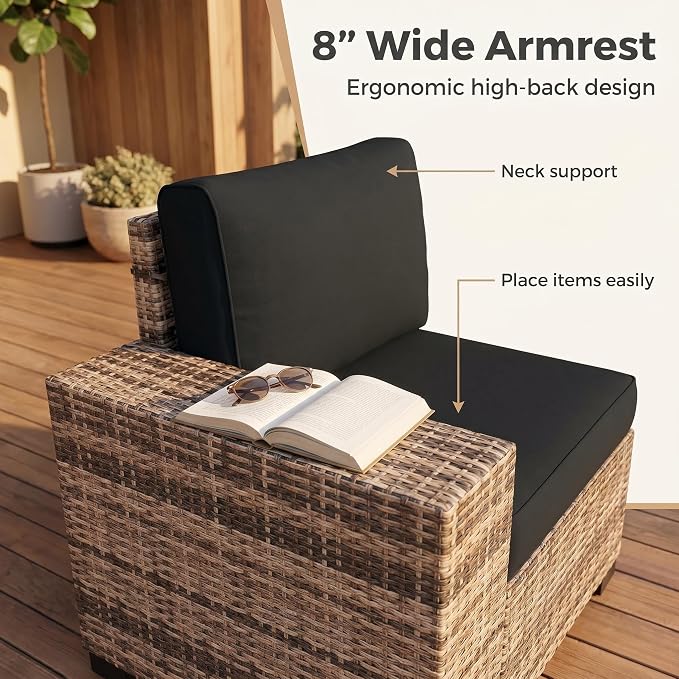 UDPATIO Patio Furniture Set L-Shaped, 8" Width Armrest Sectional Set, Al Weather PE Rattan Conversation Furniture with High Density Cushions and Coffee Table for Outdoor Backyard Porch Black