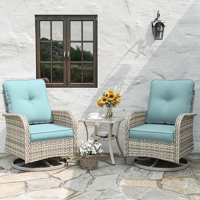 Patio Rocking Swivel Chair Outdoor Wicker Rattan Bistro Set with Tempered Glass Side Table, Outdoor Patio Furniture Set for Garden, Deck, and Balcony, Light Blue