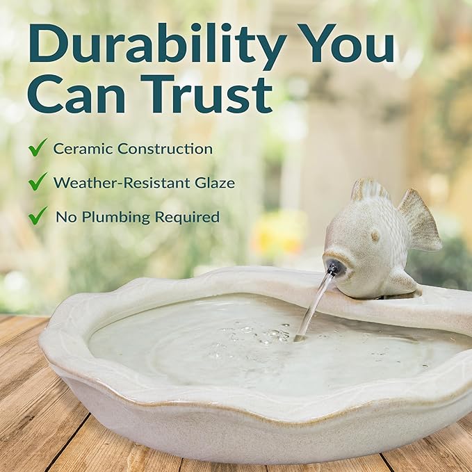 Sunnydaze Glazed Ceramic Fish 7-Inch Outdoor Garden Fountain - Outdoor Tabletop Fountain for Patio, Deck, Garden - White