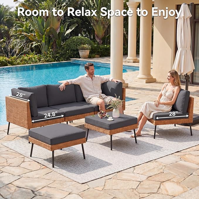 Aoxun 6-Piece Patio Furniture Set, Wicker Outdoor Furniture with Water Resistant Thick Cushions, Patio Conversation Set Outdoor Sectional Sofa with Coffee Table for Backyard Poolside, Black