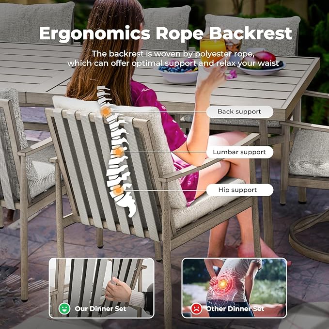 HAPPATIO 9-Piece Patio Table and Chairs Set for 8, Aluminum Outdoor Dining Set with Cushions, 6 Dining Chairs and 2 Swivel Chairs, 1 Large Rectangular Table with Umbrella Hole, Grey