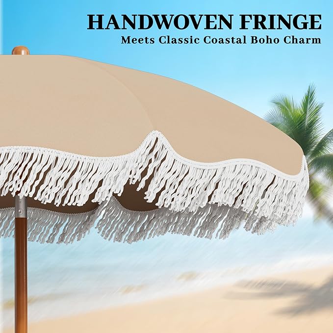 AreShark 7ft Patio Umbrella with Fringe, UPF50+ Beach Umbrella for Table, Pool & Garden, Portable Outdoor Tassels Umbrella w/Fiberglass Ribs&Push Bottom Tilt(Beige)