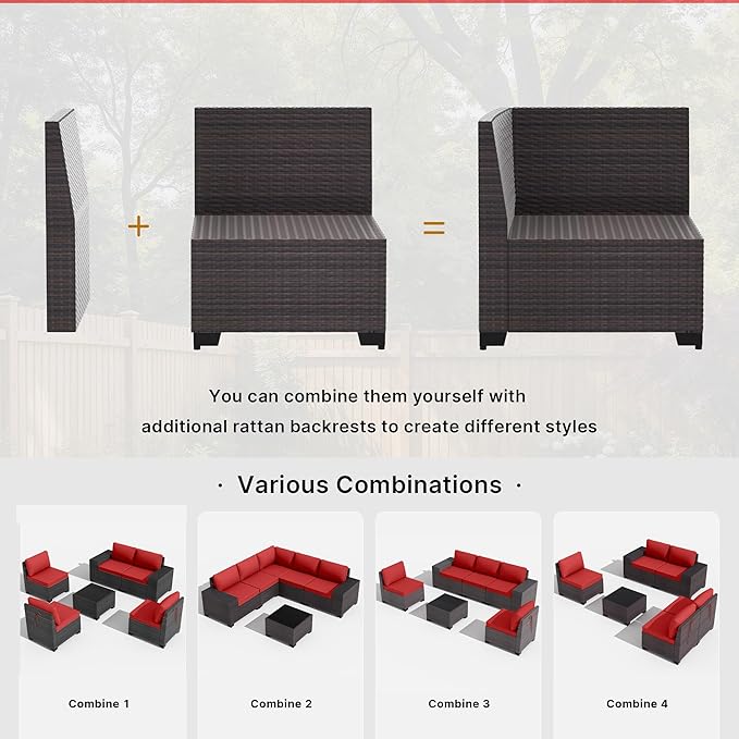 Gotland 7 Pieces Patio Furniture Set with 55000BTU Fire Pit Table, Wicker Patio Set with Wide Armrests 29.5'' High Backrest Thick Cushions 1 Coffee Table, Outdoor Furniture for Porch Deck Red
