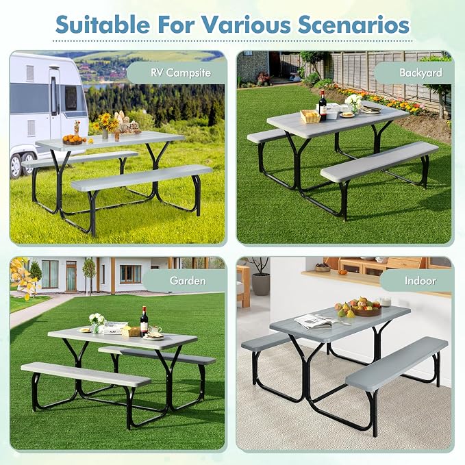 MEDIMALL Portable Picnic Table With Benches, Plastic Bench Set With Metal Frame & All Weather Tabletop, Large Camping Table for Outdoors, Backyard, Garden (Gray)