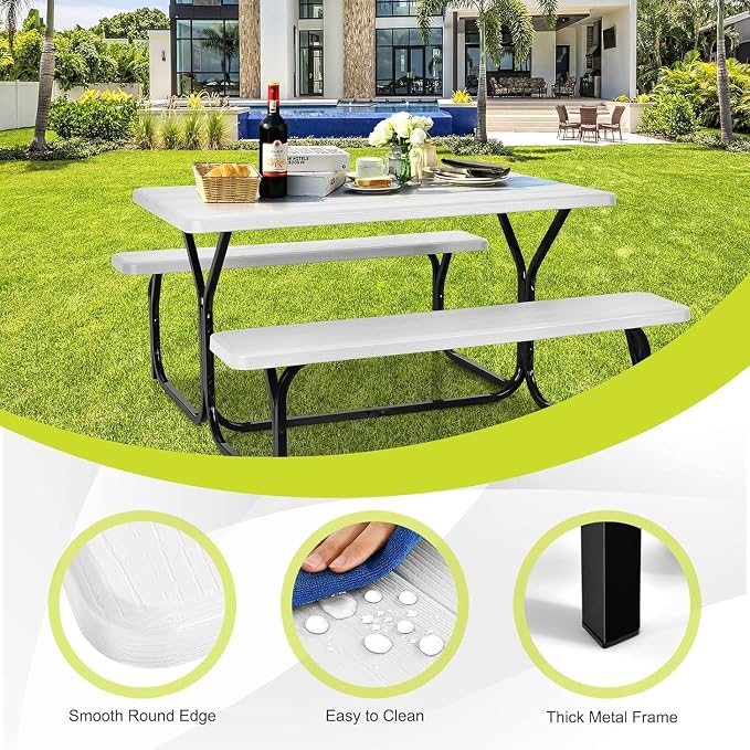 Picnic Table, Outdoor Table Bench Set with Metal Frame & Wood-Like Texture, Large Picnic Table with All Weather-Resistant Tabletop, Camping Picnic Tables for Patio, Lawn, Dining Party