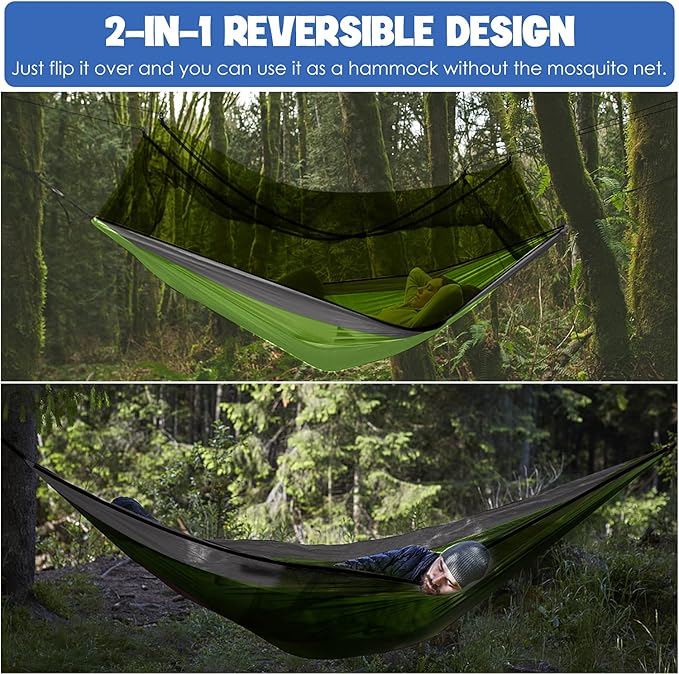 Gold Armour Camping Hammock - Camping Essentials, Double Hammock with Bug Net, Camping Gear Hammock for Outside, Hiking, and Travel (Lime Green & Gray)