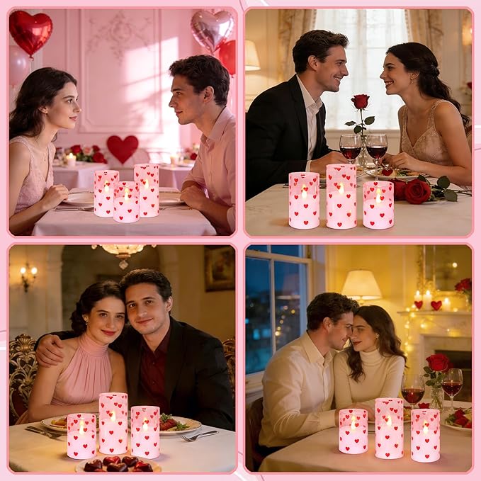 Silverstro Love Flameless Candles with Remote Timer, Glass Battery Operated Candles, Pink Spray-Painted Heart LED Candles for Home Party Wedding Valentine's Day Decor Set of 3