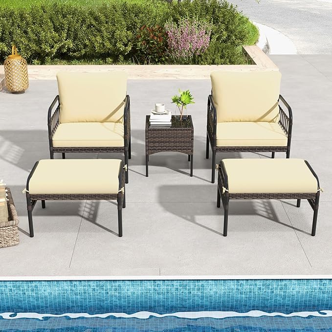 Tangkula 5 Piece Patio Conversation Set, Outdoor Wicker Chair Set w/Ottomans & Coffee Table, Comfy Seat & Back Cushions, Patio Wicker Woven Furniture Set for Backyard, Poolside (Beige)