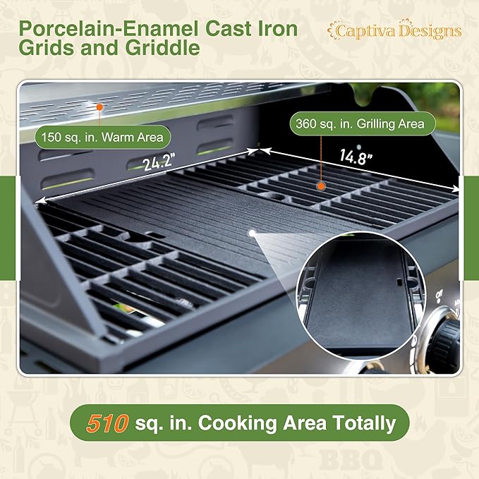 Captiva Designs 4-Burner Propane Gas BBQ Grill with Side Burner & Porcelain-Enameled Cast Iron Grates, 46,700 BTU Output for Outdoor Cooking Kitchen and Patio Backyard Barbecue, Black