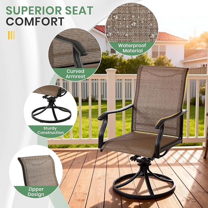 LVUYOYO 5-Piece Outdoor Patio Dining Set, Textilene Swivel Chairs & Square Table Set, All-Weather Table and Chairs Set with Umbrella Hole for Backyard, Garden,Balcony,Porch (Brown)