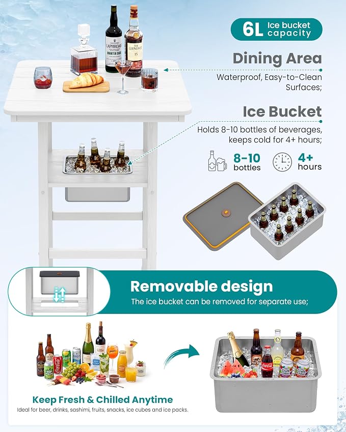 SERWALL Adirondack Bar Chairs and Table 5 Pieces Set with Umbrella, HDPE Bar Height Chairs Set of 2 and Bar Table with Ice Bucket, Outdoor Bar Stools Set for Balcony, Poolside, Backyard, White