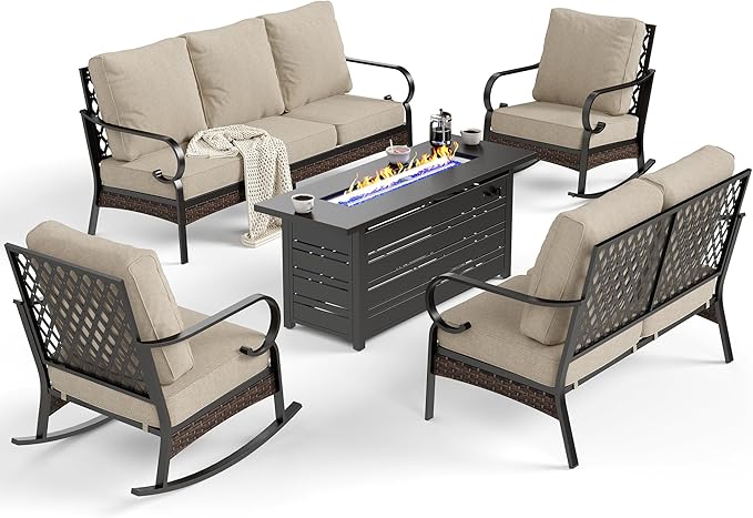 5 Piece Metal Outdoor Patio Furniture Set with Firepit Table, Patio Conversation Sets 1 3-Seater Sofa, 2-Seater Loveseat, 2 Rocking Chairs with 5.75" Cushion for Backyard Deck, Beige
