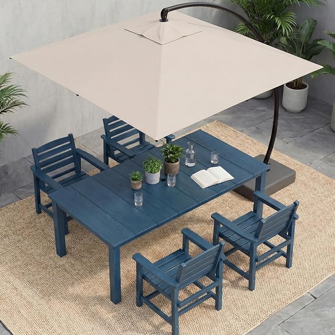HDPE Outdoor Dining Set for 4, 5-Piece Outdoor Dining Table Set with 11FT Cantilever Umbrella, Patio Table and Chairs Set with Aluminum Frame & Legs (Bule)