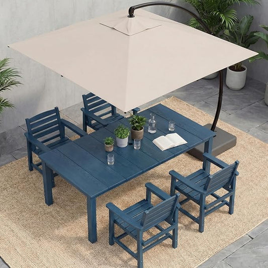 HDPE Outdoor Dining Set for 4, 5-Piece Outdoor Dining Table Set with 11FT Cantilever Umbrella, Patio Table and Chairs Set with Aluminum Frame & Legs (Bule)
