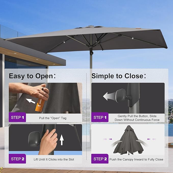 PURPLE LEAF 6 X 10 FT Commercial Rectangle Patio Market Umbrella Semi Auto Heavy Duty 1.9" Aluminum Pole 6 Sturdy Ribs for Outdoor Dining Business Restaurant Poolside Hotel Resort Wedding Venue Cafes Garden Grey