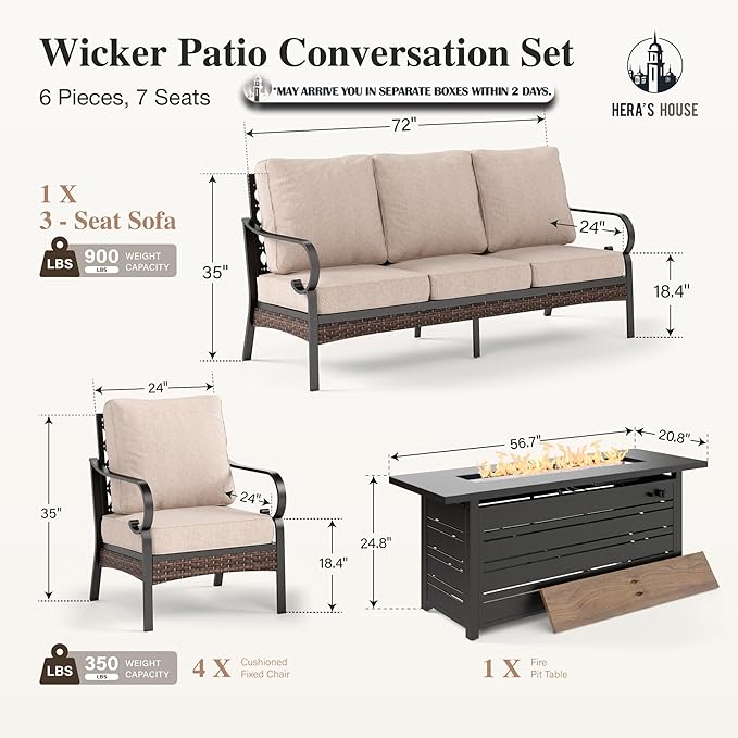 HERA'S HOUSE 6 Piece Metal Patio Furniture Set with 56" Fire Pit Table, All Weather Outdoor Conversation Set, 3 Seat Sofa, 4 Fixed Chairs with Cushions, Seats 7 for Backyard, Garden, Deck, Beige