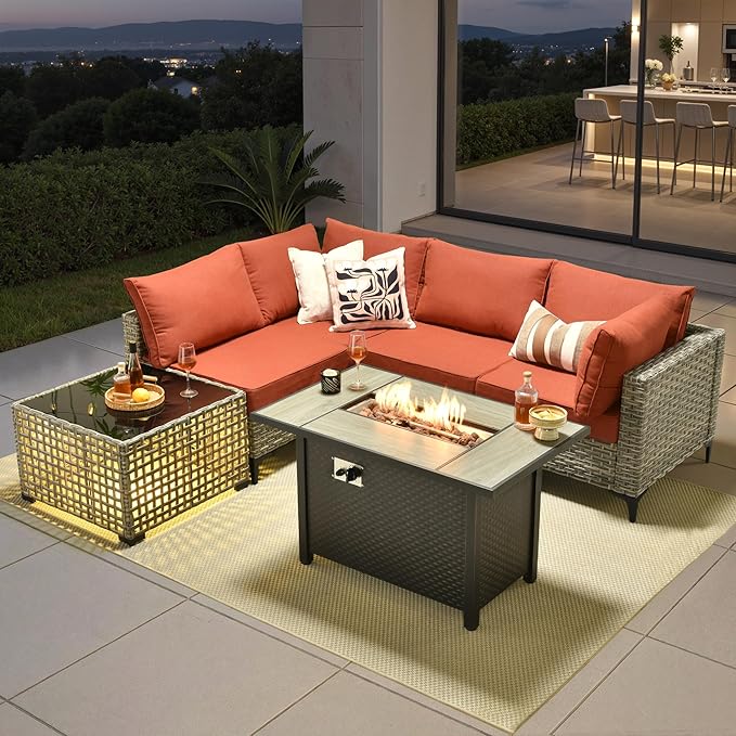 6 Pieces Patio Furniture Set with 42" Fire Pit, All-Weather Rattan Outdoor Sectional Conversation Sets L Shaped Sofas with Solar Light Coffee Table for Porch Balcony Backyard Orange