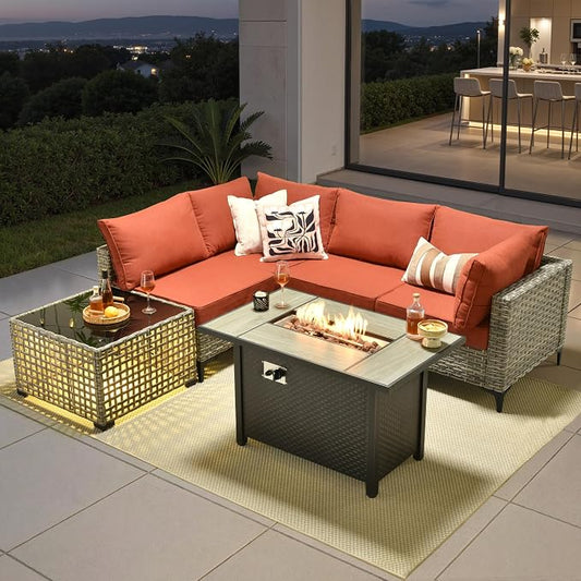 6 Pieces Patio Furniture Set with 42" Fire Pit, All-Weather Rattan Outdoor Sectional Conversation Sets L Shaped Sofas with Solar Light Coffee Table for Porch Balcony Backyard Orange