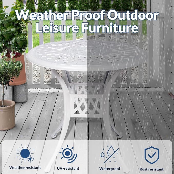 31 Inch Outdoor Dining Table Round Patio Bistro Table Bronze Cast Aluminum Rustic Large Table with Umbrella Hole, White