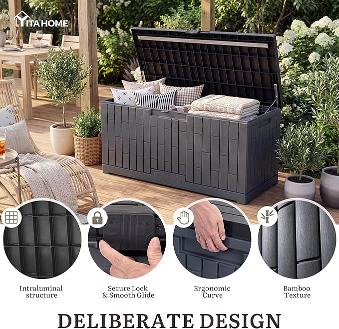 YITAHOME 120 Gallon Outdoor Storage Deck Box, Large Resin Patio Storage Box with Slide-Locking Lid, 53" L 2-Person Bench Seat for Outdoor Pillows, Garden Tools & Pool-Supplies, Waterproof (Dark Gray)