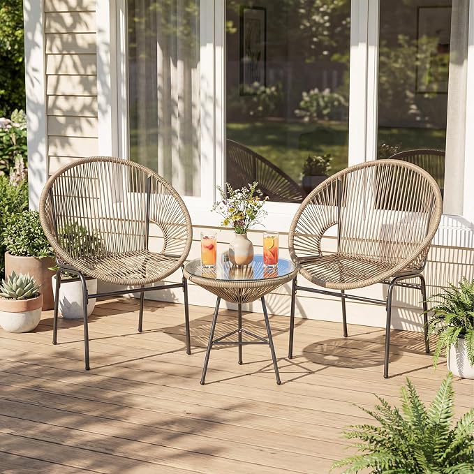 COSTWAY 3-Piece Outdoor Acapulco Chair Set, Wicker Conversation Bistro Sets with Plastic Rope, Glass Top Table, Patio Rattan Furniture Set for Garden, Balcony, Lawn, Backyard, Apartment (Brown)