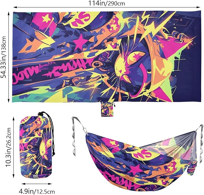 Cartoon Cat Graffiti Style Colorful 330lb Capacity Outdoor Hammocks with Portabl Carry Bag Rope Hammock for Patio Backyard Lounge Base hamaca con soporte para adultos