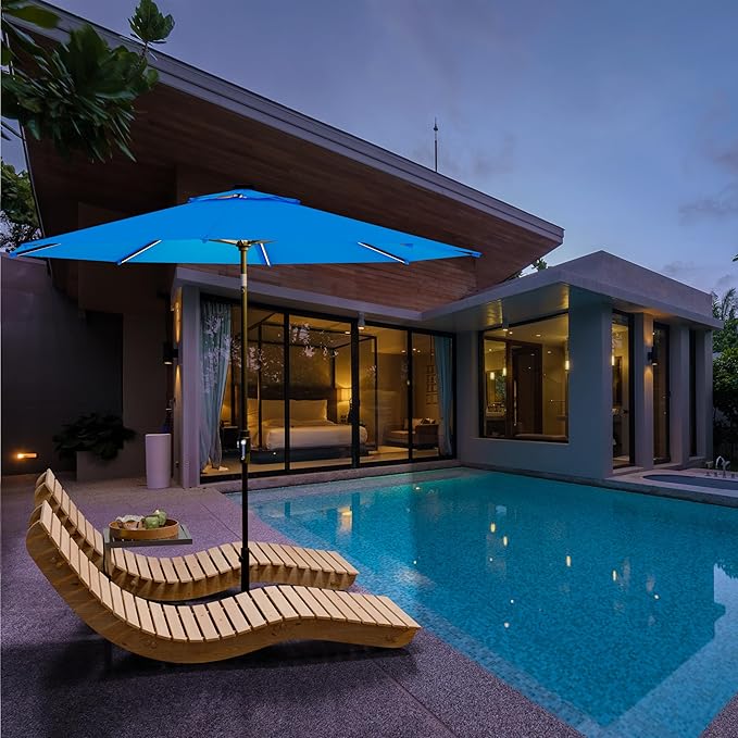 Midtown Umbrellas The LED Swilt 10 Feet Patio Umbrella With Terylast Cobalt (Blue) Polyester Fabric - Auto-Tilt Aluminum Frame With LED Lights For Backyard, Deck, Garden, Pool - Black Pole