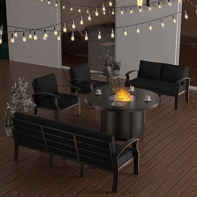 ALAULM Aluminum Patio Furniture Set with Round Propane Fire Pit Table 7-seat Metal Outdoor Furniture w/5.1" Cushions Patio Sectional Sofas for Porch, Lawn, Poolside（Black