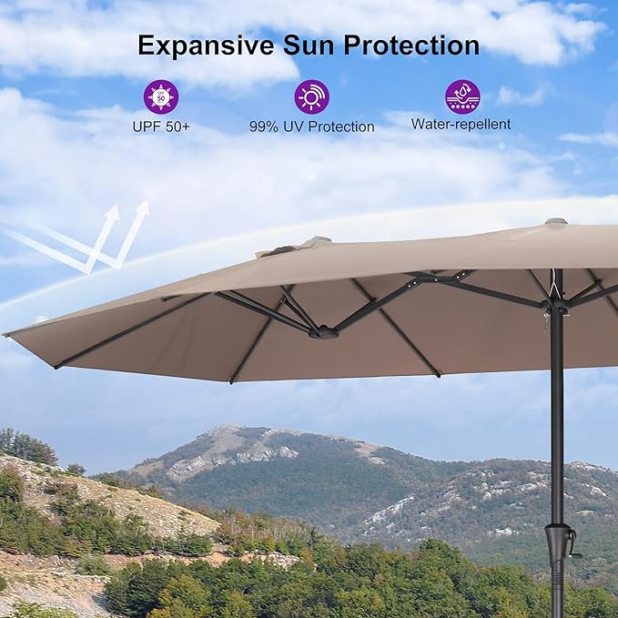 PURPLE LEAF 14ft Patio Market Umbrella Outdoor Double-Sided Umbrella with Base and Crank Rectangle Table Umbrella for Pool Deck Garden, Taupe