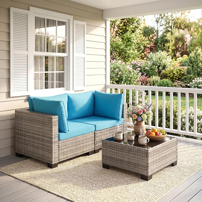ANJ 3 Piece Outdoor Wicker Patio Furniture Set, Modular Loveseat Sofa with with Glass Top Coffee Table, All-Weather Rattan Conversation Couch Set for Balcony, Backyard, Light Grey Wicker-Turquoise