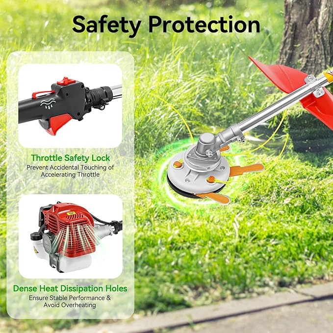 Gas Powered String Trimmer, 2 Stroke Air-Cooled Cordless Lawn Edger Gasoline Weed Eater with 2 Blade Heads for Garden Lawn Grass Hedge Trimmer (26CC, 0.65KW)