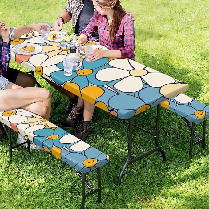 Cute Floral Picnic Table Cover with Bench Covers with Elastic Band Outdoor Camping Tablecloth Water and Oil Repellent Elastic Picnic Table Cover Suitable for Family Gatherings Vacations