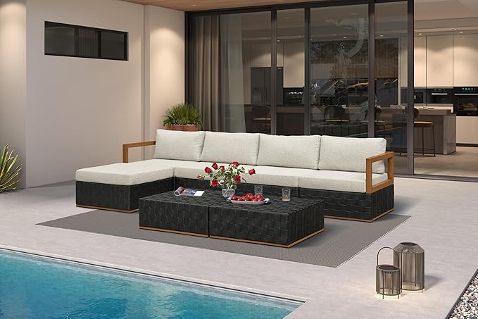 PURPLE LEAF Patio Outdoor Furniture Set 7 Pieces, Premium Leather Outdoor Couch Sectional Sofa, L-Shaped Patio Couch with Olefin Cushions, Patio Conversation Sets for Porch, Balcony, Garden, Black