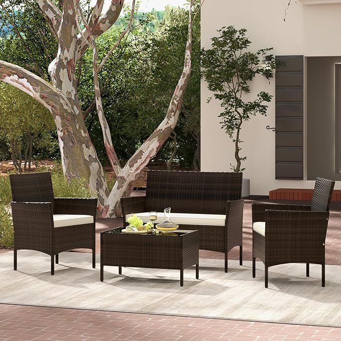 Tangkula 4 Piece Patio Rattan Conversation Set, Outdoor Wicker Furniture Set with Chair, Loveseat & Tempered Glass Table, Cozy Seat Cushions, Outside Sectional Sofa Set for Backyard, Porch (1, Beige)