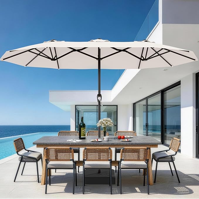 AreShark 15FT Outdoor Patio Umbrella with Crank, Large Rectangular Market Umbrella, Double-Sided Outdoor Umbrellas with Cross Base & Sandbag for Porch, Lawn, Pool, Backyard, Cream-White