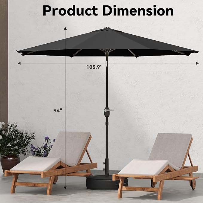 Greesum Outdoor Patio Umbrella with Base, Table Umbrella with 8 Sturdy Ribs, Push Button Tilt and Crank, Market Table Parasol for Garden, Lawn, Backyard & Pool, Black