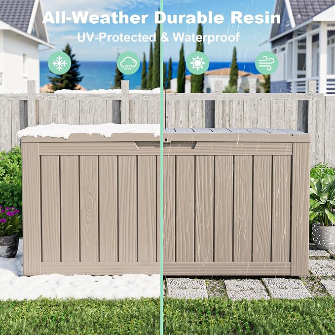 Outdoor Waterproof Resin Storage Deck Box Lockable Outside Bench UV Resistant Bin Patio Porch Furniture Pool Float Garden Tool Cushion (Grey, 90 Gallon)