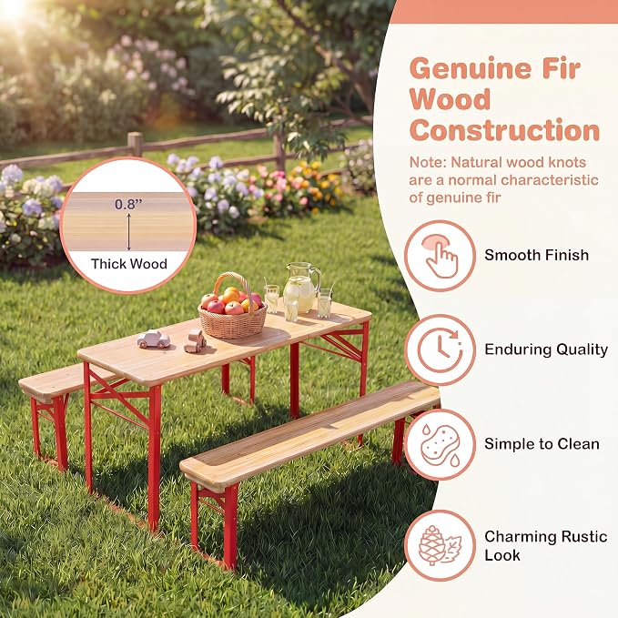 HONEY JOY Kids Picnic Table, 43.5 Inch Folding Toddler Outdoor Table & 2 Benches, Fir Wood Top & Metal Frame, No Assembly, Portable Easy to Store Camping Table and Chairs for Patio Backyard (Red)