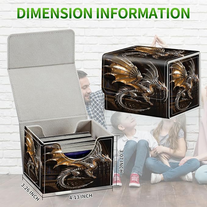Card Deck Box for MTG, Cards Storage Box Fits 120+ Sleeved, Leather Small Size Strong Magnetic Closing Card Case for Board Games Magic TCG CCG Baseball Collection, Mechanical Dragon