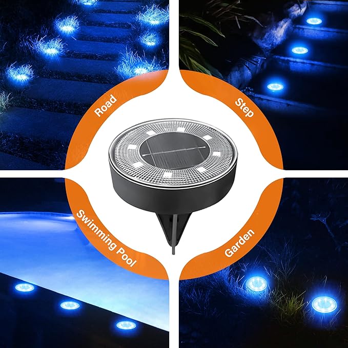 Siatom Solar Ground Lights 8 Pack, IP68 Waterproof Solar In-Ground Light for Outdoor, Flat Landscape Lighting, Garden Disc Light for Pathway, Walkway, and Yard - 8 Pcs (Blue)